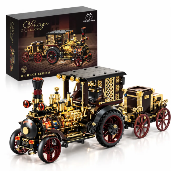 Mesiondy Vintage Steam Car Building Set ¨C 1,331 PCS Classic Locomotive-Style Model with Gold Accents ¨C 17.3 Inch Luxury Home Decor for Collectors