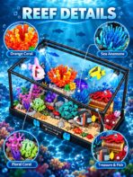 Mesiondy Underwater Fish Tank Building Set – 1,318 PCS Aquarium Model with LED Light & Crank-Operated Moving Fish – 12.2 Inch Desktop Display - Image 7