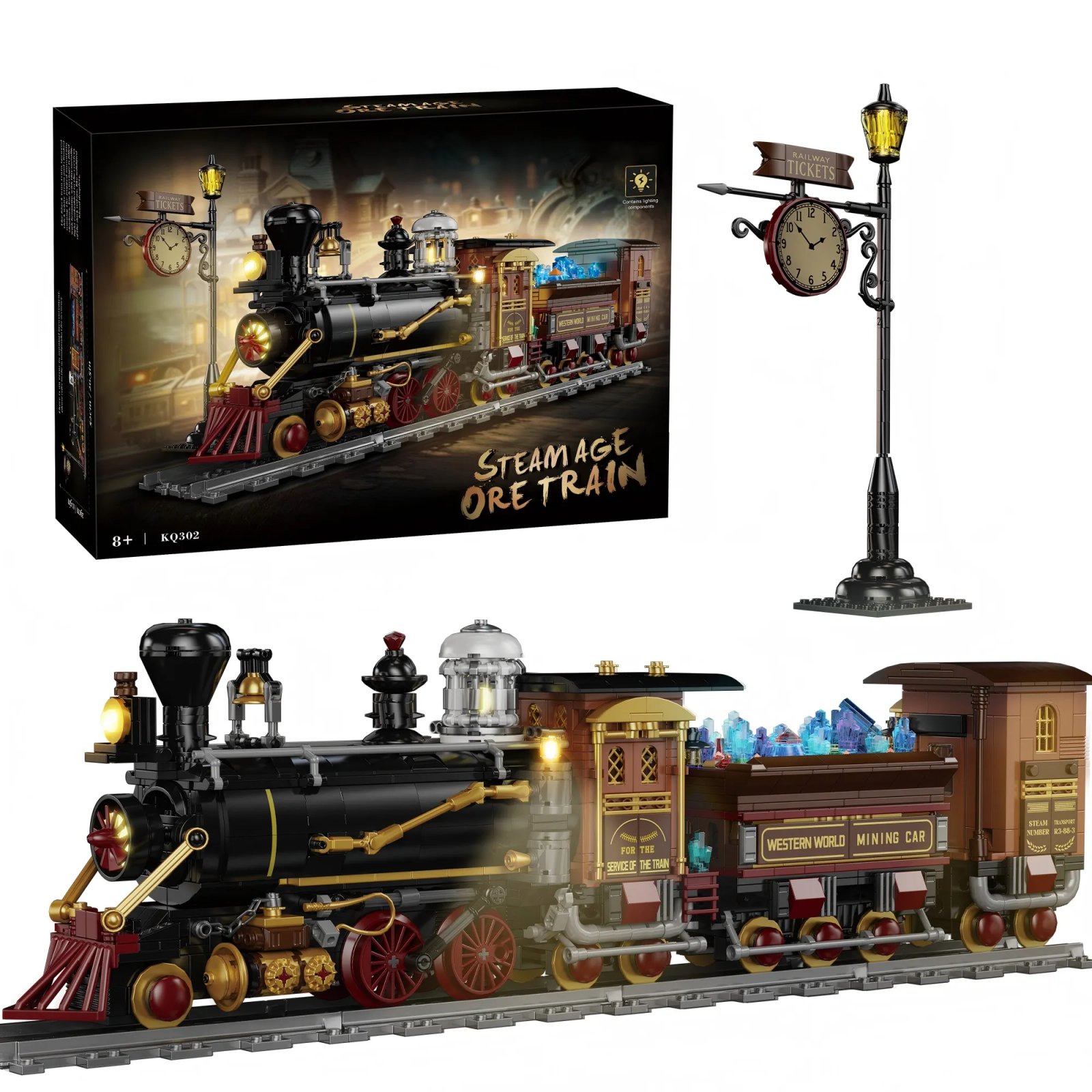 35f19a30a51c444713fcab3d91758296 Mesiondy Steam Age Ore Train Building Set – 1,402 PCS Light-Up Locomotive with Mining Car & Station Clock – 20.5 Inch Display Model for Collectors - Image 1