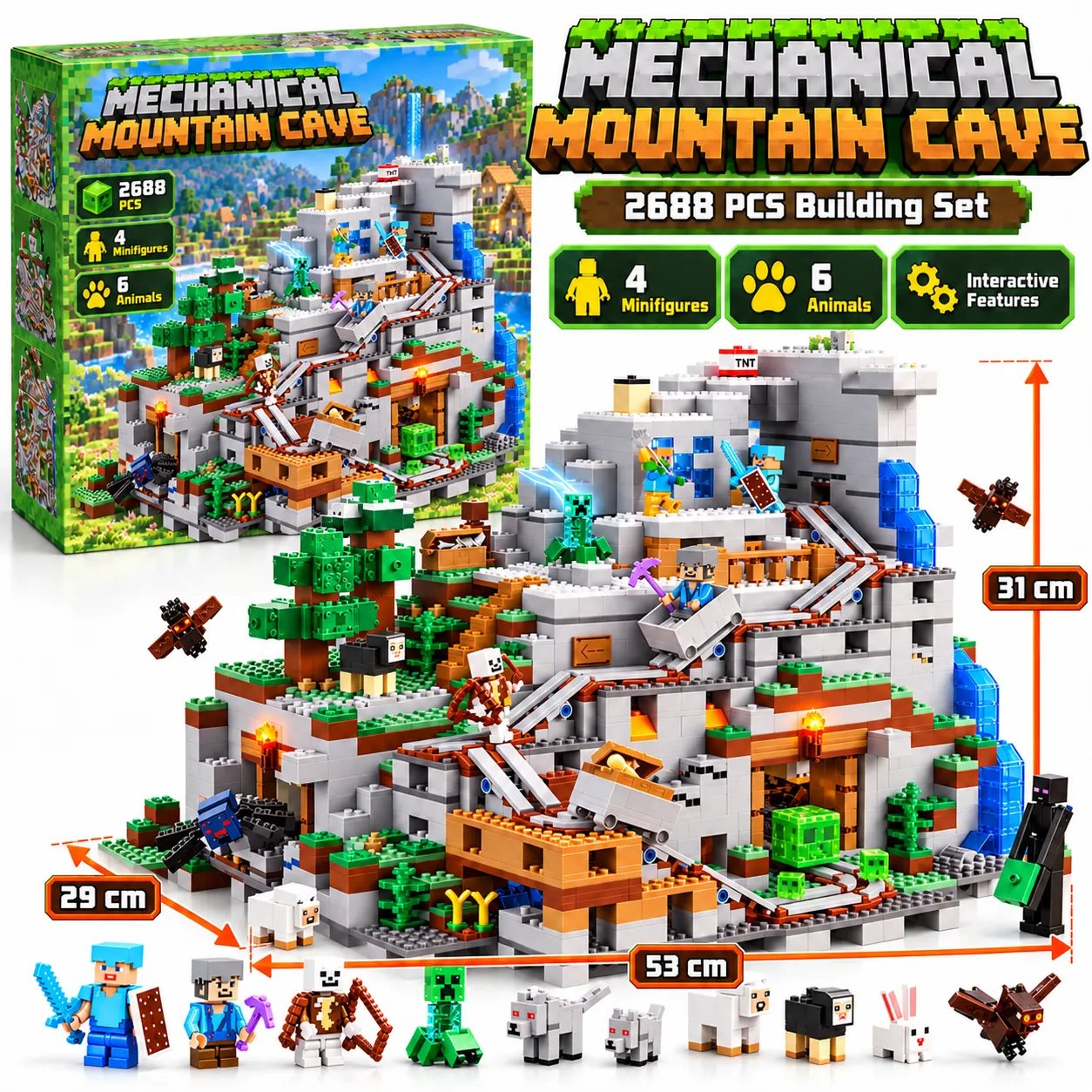 3985e97ca2786bf9902a82ce77894a69 MESIONDY 2688PCS Mechanical Mountain Cave Building Block Set ¨C 4 Minifigures, 6 Animals, Minecart Track & Hidden Interactive Features - Image 1