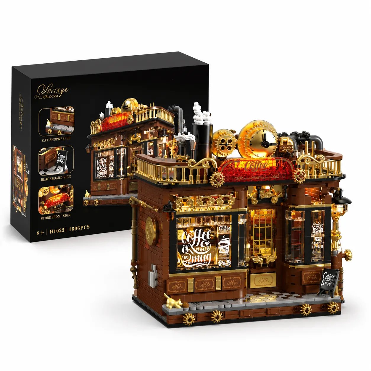 39f6404eda2c50c5193eb54eb648a640 Mesiondy Steampunk Cafe Building Set ¨C 1,606 PCS Vintage Coffee House with Rechargeable LED Light ¨C 13.8 Inch Premium Home Decor Display - Image 1