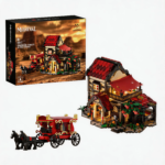Mesiondy Medieval Post House Building Set – 2,105 PCS Oakwood Stables with Stagecoach & Horses – LED Light Module Included – 12.7 Inch Diorama Display