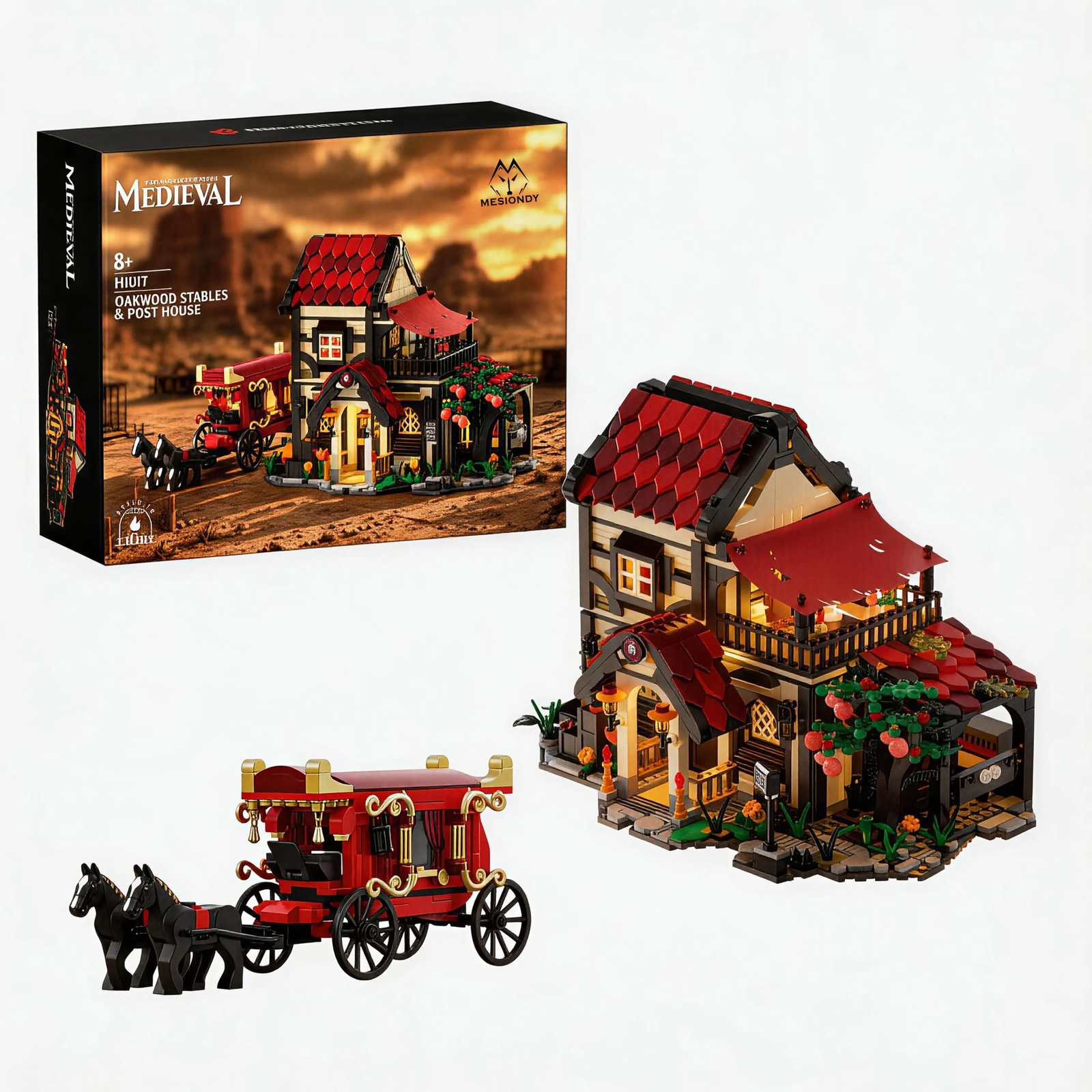 49b33ff351621a92981adeeda77d8816 Mesiondy Medieval Post House Building Set – 2,105 PCS Oakwood Stables with Stagecoach & Horses – LED Light Module Included – 12.7 Inch Diorama Display - Image 1