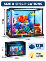 Mesiondy Underwater Fish Tank Building Set – 1,318 PCS Aquarium Model with LED Light & Crank-Operated Moving Fish – 12.2 Inch Desktop Display - Image 8