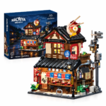 Mesiondy Ramen Shop Building Set – 1,670 PCS Japanese Street Scene with Warm LED Light – 10.7 Inch Display for Collectors