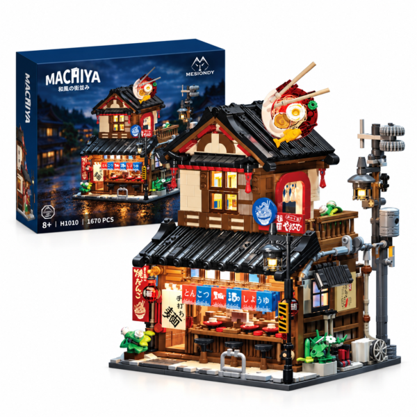 Mesiondy Ramen Shop Building Set – 1,670 PCS Japanese Street Scene with Warm LED Light – 10.7 Inch Display for Collectors
