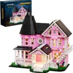 Mesiondy Enchanted Pink Victorian Manor Building Kit – 1349 PCS Premium Brick System | LED Light-Up Gothic Dollhouse | Halloween Display Collectible