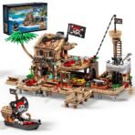 Mesiondy Caribbean Pirate Island Outpost Building Set  ‍☠️ – 943 PCS, 13.8" Wide Pirate Hideout with Boat & Palm Tree