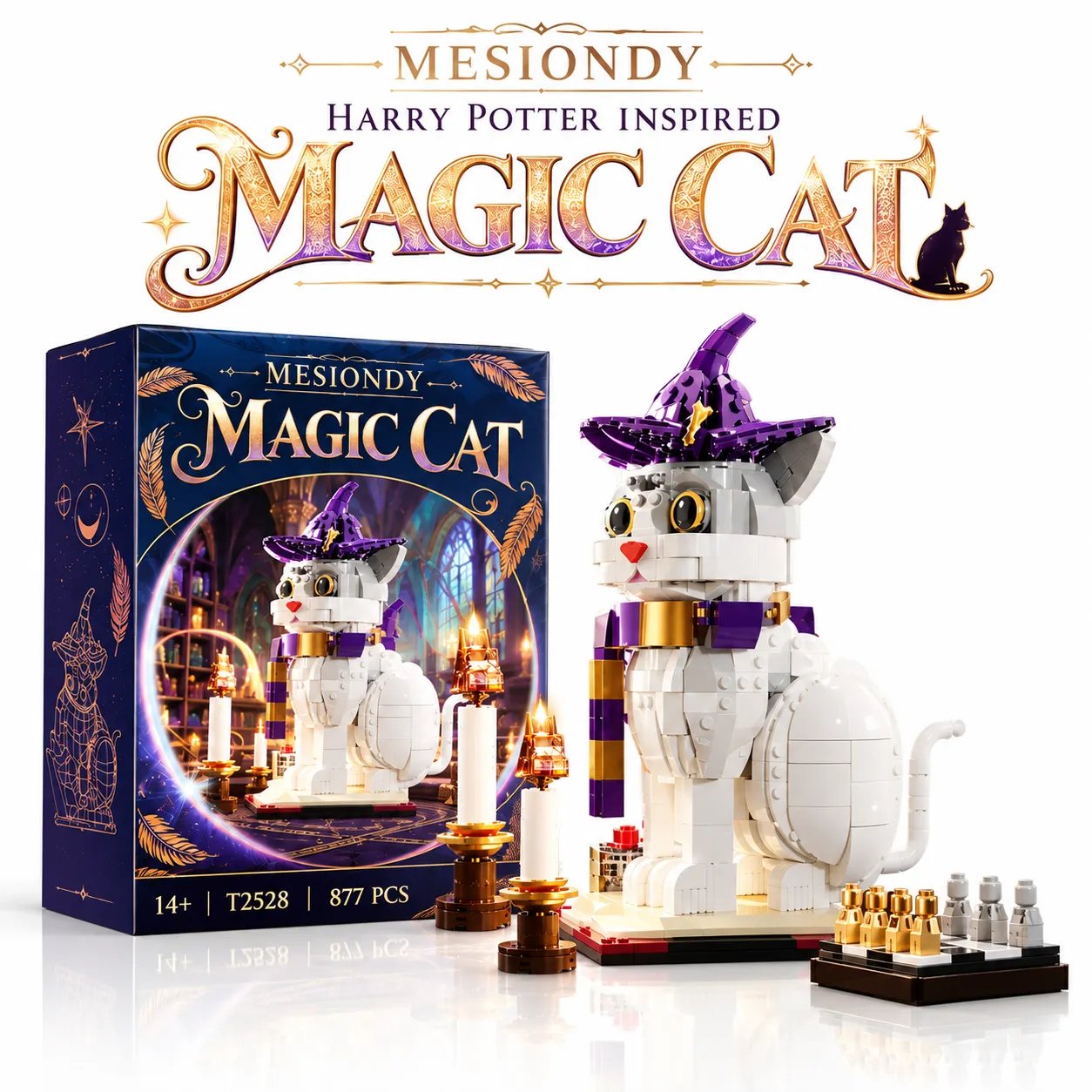 ca0d84f39b6f47dc522f4ed558045355 MESIONDY Harry Potter Magic Cat Building Block Set ¨C 877PCS Wizard Cat Collector Model with Hat, Candle & Human-sized game board - Image 1