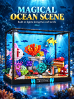 Mesiondy Underwater Fish Tank Building Set – 1,318 PCS Aquarium Model with LED Light & Crank-Operated Moving Fish – 12.2 Inch Desktop Display - Image 3