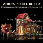 Mesiondy Medieval Post House Building Set – 2,105 PCS Oakwood Stables with Stagecoach & Horses – LED Light Module Included – 12.7 Inch Diorama Display - Image 7
