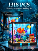 Mesiondy Underwater Fish Tank Building Set – 1,318 PCS Aquarium Model with LED Light & Crank-Operated Moving Fish – 12.2 Inch Desktop Display - Image 2