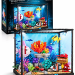 Mesiondy Underwater Fish Tank Building Set – 1,318 PCS Aquarium Model with LED Light & Crank-Operated Moving Fish – 12.2 Inch Desktop Display