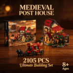 Mesiondy Medieval Post House Building Set – 2,105 PCS Oakwood Stables with Stagecoach & Horses – LED Light Module Included – 12.7 Inch Diorama Display - Image 2