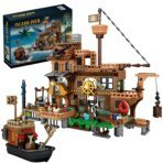 Mesiondy Caribbean Pirate Island Pier Building Set  ‍☠️ – 573 PCS, 21.6" Long Pirate Dock & Boat Toy  , Compatible with Major Brick Brands