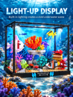 Mesiondy Underwater Fish Tank Building Set – 1,318 PCS Aquarium Model with LED Light & Crank-Operated Moving Fish – 12.2 Inch Desktop Display - Image 4